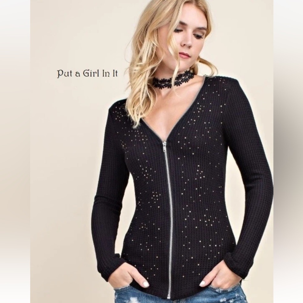 Vocal Black V-Neck Sweater with Zipper